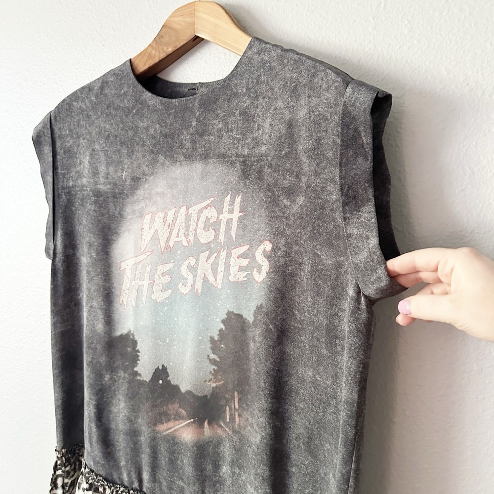 ALLSAINTS Watch the Skies Gray Silk Mini Dress Leopard Hem Women's US Size 6 - Picture 5 of 12